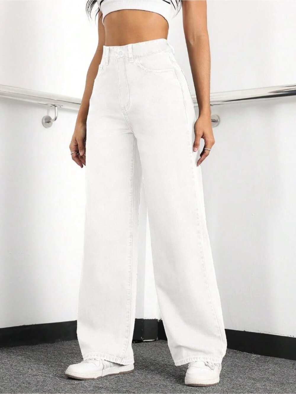 Women's White Baggy Trendy Five Pockets High Waisted Wide Leg Denim Pants - Picture 5 of 5